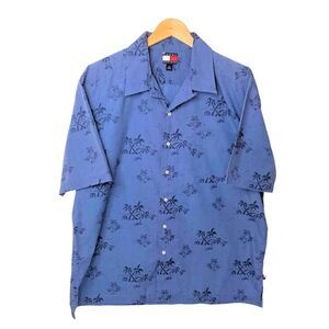 Vintage Tommy Hilfiger Men L Blue Tropical Shirt Short Sleeve Button Up Hawaiian